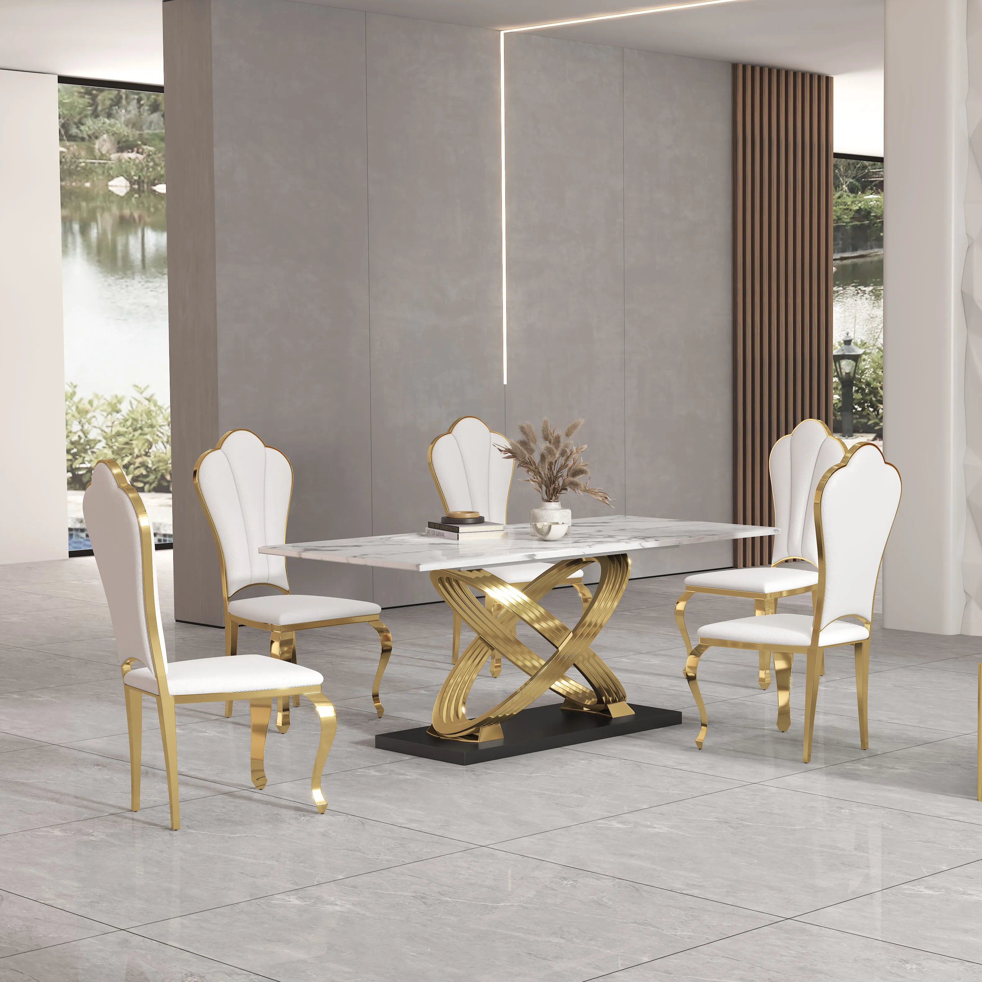Italy master design luxury ivory and golden 8 persons home use dining table with cupboard