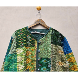 Indian Handcrafted Vintage Kantha Quilted Silk <b>Saree</b> Patchwork Women's Winter <b>Jacket</b> Boho Chic Artisan Comfort Stripe Reversible - Product Image 4