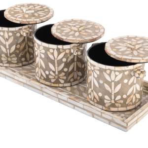 Wholesale Handmade 3-Piece Mother Of Pearl Storage Jars With Decorative Tray Ideal For <b>Gifting</b> Or Sweets During Eid Or Ramadan - Product Image 3