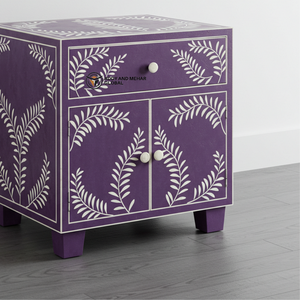 Luxury Purple Bone Inlay Bedside Table Handcrafted Floral Pattern Nightstand with <b>Storage</b> - Product Image 5