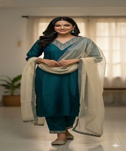 Ensemble haut et bas en coton brodé fantaisie avec dupatta, tenue de fête, séchage rapide, en stock, prix de gros, vêtement ethnique, vert sarcelle - Product Image 1