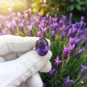 Anillo de Latón Ajustable con Diseño Retro de Obsidiana Azul y Amatista, Anillo Retro con Piedra de Amatista Elíptica para Mujer - Product Image 4