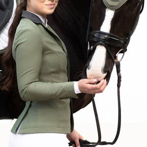 Women's <b>Equestrian</b> Show Riding Jacket Olive Green Black Trim Buttons Polyester/Cotton Material Custom Logo Brand for Jumping - Product Image 2