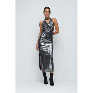 Shiny Slim Fit Side Slit Pencil <b>Skirt</b> in Bright Spandex Fabric Casual <b>Wrap</b> Bodycon Design Natural Waistline Plus Size Option - Product Image 2