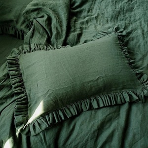 Ensemble de housse de couette en lin vert jungle 3 pièces. Literie en lin à volants vert foncé avec volants, housse de couette à volants en lin lavé - Product Image 2