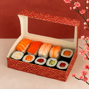 Boîtes à sushi en carton écologiques, fabriquées à partir de matériaux recyclés, avec impression personnalisée, résistantes à la graisse, avec fenêtre en PET et pelliculage brillant pour les gelées - Product Image 1