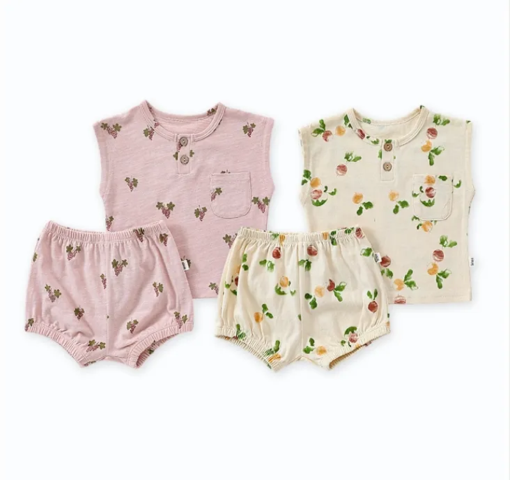 Conjunto de duas peças de algodão para bebês meninos e meninas, roupa de verão unissex, colete sem mangas, regata + calças curtas