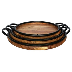 Bandeja de exhibición de comida redonda de madera de alta calidad grande con mango de metal para decoración y servicio - Product Image 6