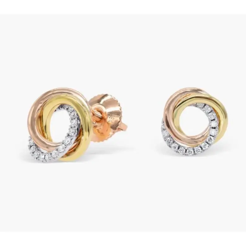 Round Lab Grown Diamond Intertwined Tri-color circle 14K Yellow Gold Round Lab Diamond Wedding Earrings Screw Back Earring