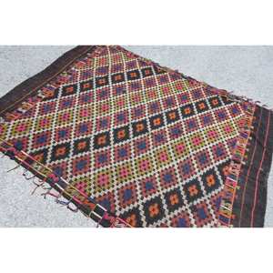 Alfombra tradicional de lana negra de 5,3x7,2 pies hecha a mano de área grande diseño de retales rectangulares turcos para látex adolescente para habitación de pasillo - Product Image 4