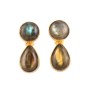 Unique style real flashy labradorite gold plated push back stud earrings round pear double stone statement earrings jewelry gift