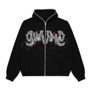 Men's <b>Black</b> Rhinestone <b>Hoodie</b> <b>Zipper</b>-Up Oversized Hip Hop Sweatshirt Front Logo Knitted Cotton Regular Sleeve Autumn Style - Product Image 1