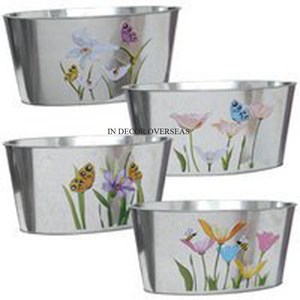 Finition couleur argent brillant poli avec des fleurs Finition en émail design Ensemble en métal robuste de 4 jardinières et jardinières pour la maison - Product Image 1