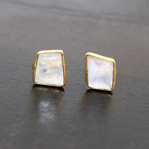 Classic Natural White Rainbow Moonstone Fancy Shape 7MM 24k Gold Plated Bezel <b>Stud</b> <b>Earrings</b> For <b>Girls</b> Women Wholesale Jewelry - Product Image 1