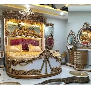 Ensemble de chambre à coucher de conception unique Royal Mansion Lit rond sculpté à la main Maharaja Lit bateau King Size chic avec commode