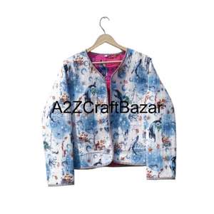 Veste d'extérieur pour femmes de style indien bohème, en coton doux matelassé, imprimé floral en bloc, réversible, toutes saisons - Product Image 2