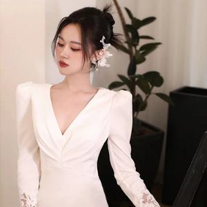 בד סאטן אלגנטי קומה/שמלת כלה חצוצרה עם תחרה ושרוולים ארוכים בתוספת גודל זמין - Product Image 3