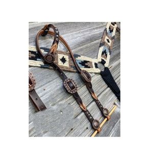 Bir kulak Headstall ve eşleşen meme yaka el-100% tiftik at Conchos Headstall seti ile bağlı - Product Image 4