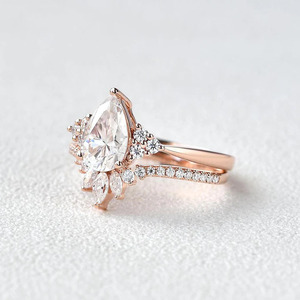 Bridal <b>Band</b> Moissanite Pear Cut Rose Gold Plated 925 Sterling Silver Prong Set Wedding Engagement <b>Ring</b> with Unique Design - Product Image 3