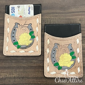 Portefeuille porte-cartes en cuir de vachette artisanal personnalisé en gros, motif floral et fer à cheval, style western, porte-cartes ATM de poche - Product Image 1