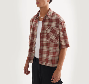 High Quality Custom Casual Flannel T-<b>shirt</b> Boxy Cropped Short Sleeve <b>Plaid</b> <b>Shirt</b> Streetwear Fashion <b>Shirt</b> for Men 2025 - Product Image 4