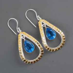 ต่างหูบลูโทแพซทำมือ ชุบทอง เงินสเตอร์ลิง ของขวัญสุดหรูสำหรับผู้หญิง ดีไซน์โบโฮ ประจำเดือนธันวาคม - Product Image 4