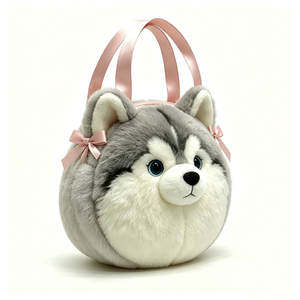 Customized Cartoon husky plush ball-shaped bag,<b>Cute</b> husky plush <b>purse</b> with rope strap,Round gray husky plush handbag - Product Image 6