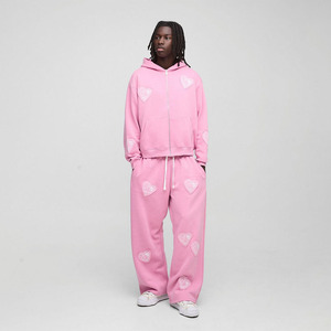 Ensemble de sweat à capuche rose éponge française de haute qualité du fabricant 400 Gsm Survêtement zippé Motif solide Skinny Fit Col à capuche - Product Image 1