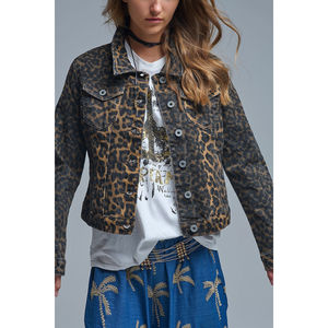 Veste en jean décontractée style streetwear à imprimé léopard avec délavage vieilli, décoration gothique en strass et sequins, détail boutons et ceinture - Product Image 5