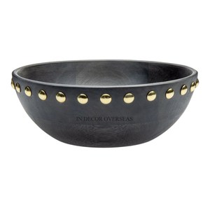 Acacia <b>Wooden</b> Round Shape Serving Bowl Metal Gold Plated <b>Butterflies</b> Design Home And Hotel Kitchenware Accessories From India - Product Image 5