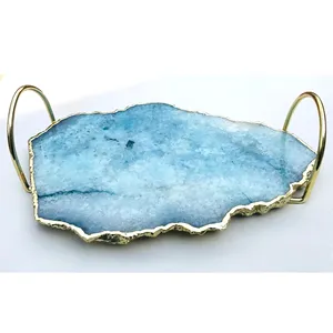 Plateau décoratif élégant et moderne à usage domestique, pierre d'agate bleue naturelle faite à la main avec poignée plaquée or, prix de gros bon marché - Product Image 1