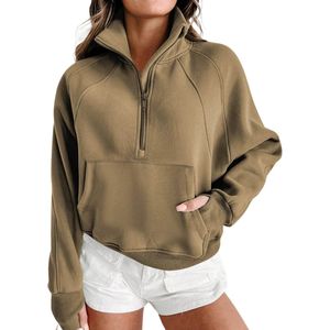 Sweat-shirt classique noir pour femme, demi-zip, polaire épais, col montant, quart de zip, coupe ample, streetwear, haut 2026 - Product Image 3