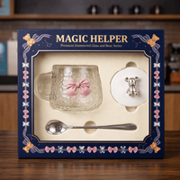Ensemble de tasses à café en verre modernes et mignonnes avec couvercle, cuillère, design nœud papillon, grande capacité, boîte cadeau pour la maison et le bureau, cadeau de la Saint-Valentin