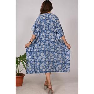 Caftan Boho en coton pour femmes, imprimé floral, vêtements de plage indiens à imprimé bloc, robe de soirée, couverture d'été légère - Product Image 5