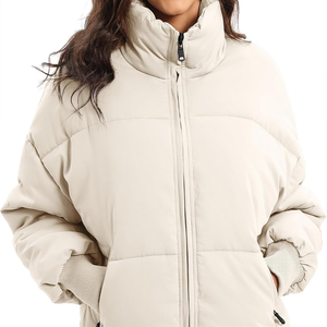 Womens <b>Beige</b> <b>Cropped</b> <b>Puffer</b> Jacket Warm Zip Up Winter Coat Fashion Casual Short Quilted Outerwear with High Neck for Cold Weathr - Product Image 2