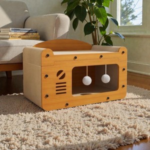Casa para Gatos de Madera de Dos Niveles con Rascador, Almohadilla Corrugada Reemplazable y Bolas Colgantes, Juguete para Mascotas - Product Image 5
