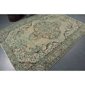 Tapis en Laine Vintage Écologique de Grande Surface 6.1X8.6 pieds Vert Beige Patchwork Style Salle à Manger Rectangle Pile Moyenne Latex - Product Image 2