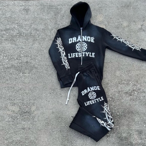 ชุดวอร์มสไตล์สตรีทย้อนยุคสำหรับผู้ชายกางเกงวอร์มมีซิปย้อนยุคพิมพ์ลายหน้าจอติดพลอยเทียม - Product Image 4