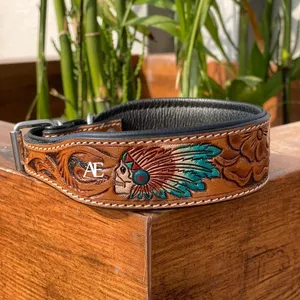 Real Handmade Western Style Tooled Leather Luxury Dog Collars Genuine Leather Padded Durable Adjustable Western Pet Safe Collars