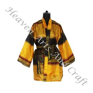 KS006 Bohemian Silk Vintage Sari Kimono Short Robe - Summer Beach Wear Bikini Silk Cover up - Wholesale Silk Sari Vintage Sari - Product Image 2