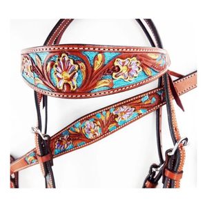 Ensemble de collier de poitrine de serre-tête en cuir occidental durable et confortable avec des accessoires de pointe de haute qualité de paillettes turquoises et dorées - Product Image 3