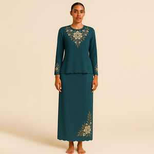 Ensemble deux pièces modeste Baju Kurung fait à la main broderie florale Style solide respirant grande taille Abaya pour les mariages Ramadan Eid - Product Image 4