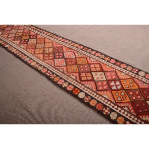 3x14.1 ft Rug, Vintage Turkish Rug, <b>Red</b> Herki <b>Wool</b> Rug - Product Image 3