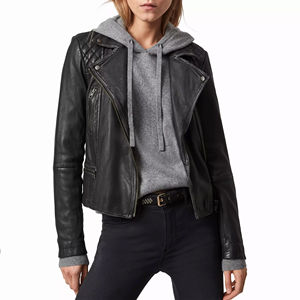 Wholesale <b>Ladies</b> <b>Cropped</b> Real Sheepskin Motorcycle <b>Jacket</b> Custom Genuine Leather Printed Fabric Knitted Processing Cheap Price - Product Image 1