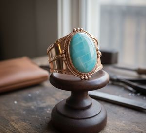 Rudra <b>Gems</b> Men's Bohemian Style 14K Gold Plated <b>Bracelet</b> Handcrafted Natural Amazonite Cabochon Tibetan Silver Beads Anniversary - Product Image 2