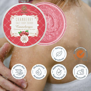 Exfoliante corporal de sal de arándanos nutritivo de la Unión Europea, suministro OEM, hecho con cuidado suave, exfoliante corporal herbal de coco en gel. - Product Image 1