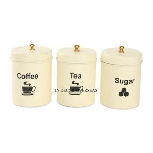 Premium Quality Metal Made Shiny Look White Color Powder Coated <b>Set</b> Of 3 Unique Designer Sugar Coffee Beans & <b>Tea</b> Storage Boxes - Product Image 3