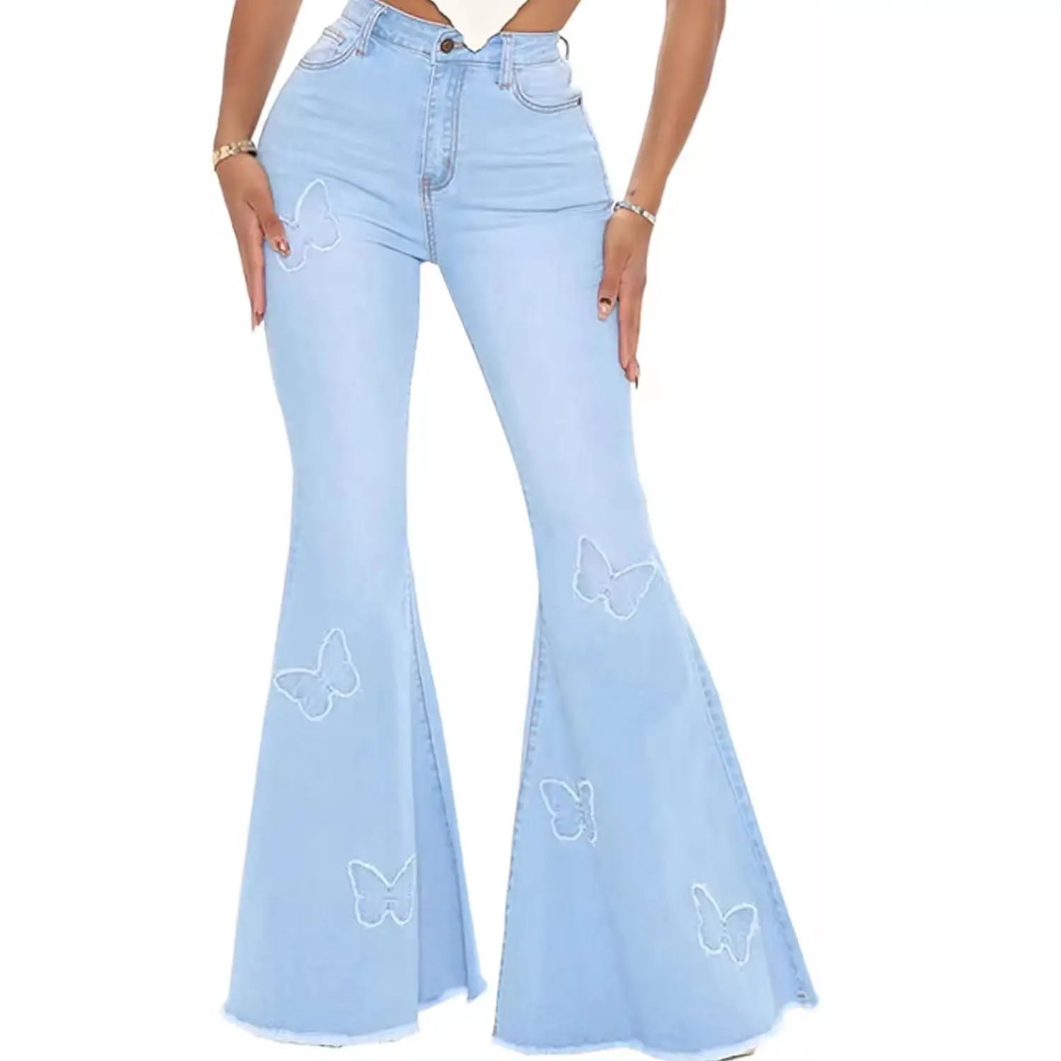 กางเกงยีนส์ทรงกระดิ่งปักลายผีเสื้อสำหรับผู้หญิงกางเกงยีนส์ผ้าดิบเอวสูงสีฟ้าอ่อน