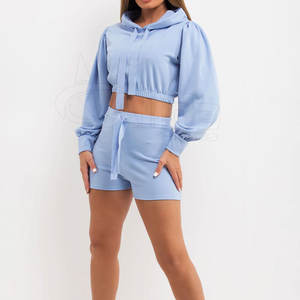 Design personnalisé pour l'extérieur, ensemble de sweats à capuche courts, ensemble de sweats à capuche confortables et de couleur unie pour femmes - Product Image 2