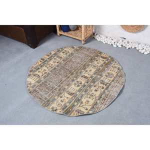 Tapis Vintage Classique en Laine Beige Bleu Patchwork Fait à la Main 37X37 Pouces Rectangle Latex Support Peluche pour Chevet 4m 10mm Polyester - Product Image 2